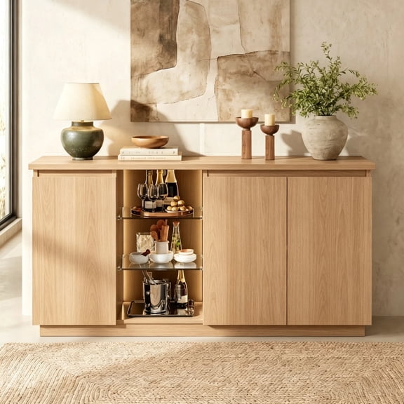 61.4" Modern Black Sideboard Buffet Cabinet with LED Light, Adjustable Tempered Glass Shelves, Natural