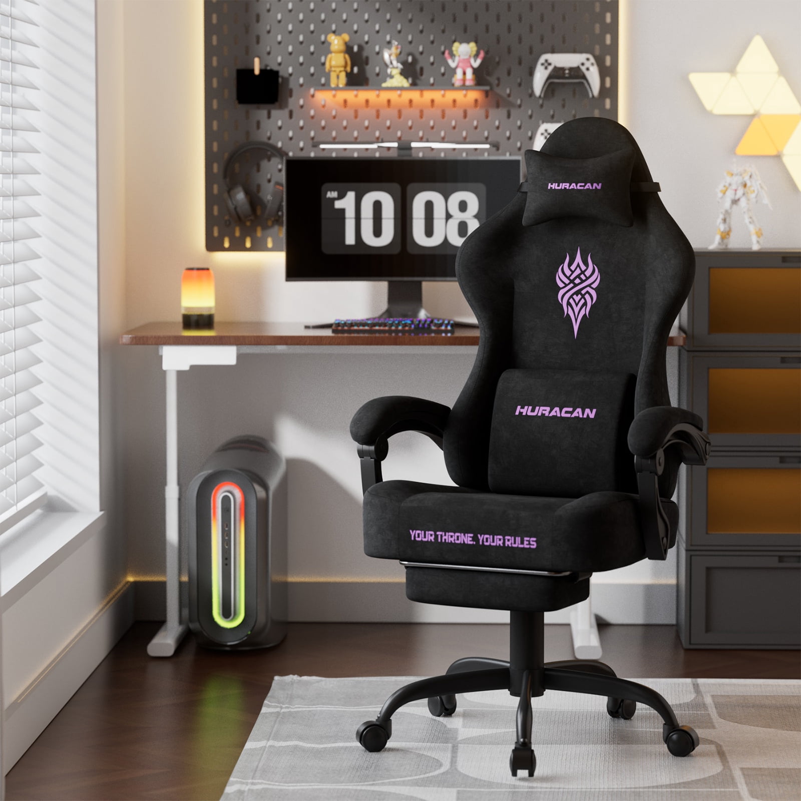 SOONTRANS Black Gaming Chair for Adult, Velvet Fabric Ergonomic Comfortable Video Gamer Chair with Footrest, Reclining Office Computer Desk Game Chairs with Massage Lumbar Cushion, Headrest