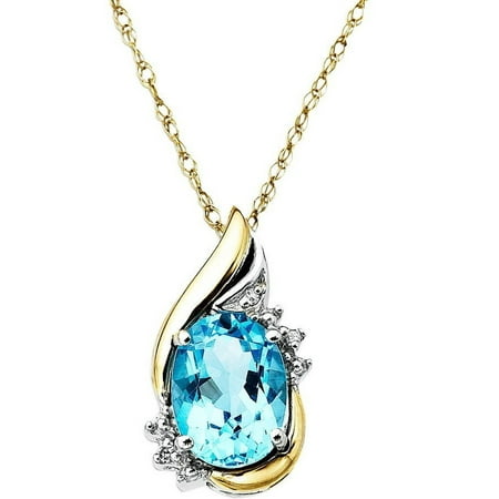 - Sterling Silver with 10kt Yellow Gold Oval Simulated Blue Topaz and Diamond Accent Pendant Necklace