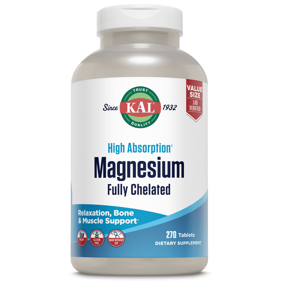 KAL Magnesium Glycinate 315mg, Fully Chelated, High Absorption Magnesium Supplement for Stress, Relaxation, Muscle & Bone Health Support, Vegan, Gluten Free, Value Size, 90 Servings, 270 Tablets