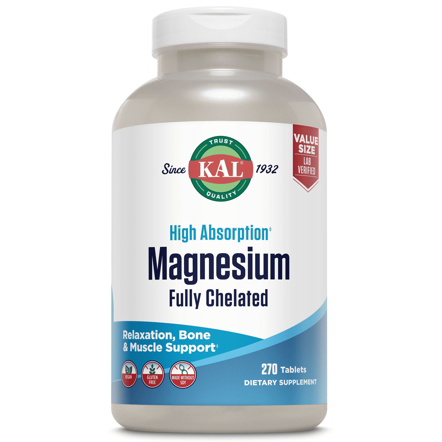 KAL Magnesium Glycinate 315mg, Fully Chelated, High Absorption Magnesium Supplement for Stress, Relaxation, Muscle & Bone Health Support, Vegan, Gluten Free, Value Size, 90 Servings, 270 Tablets