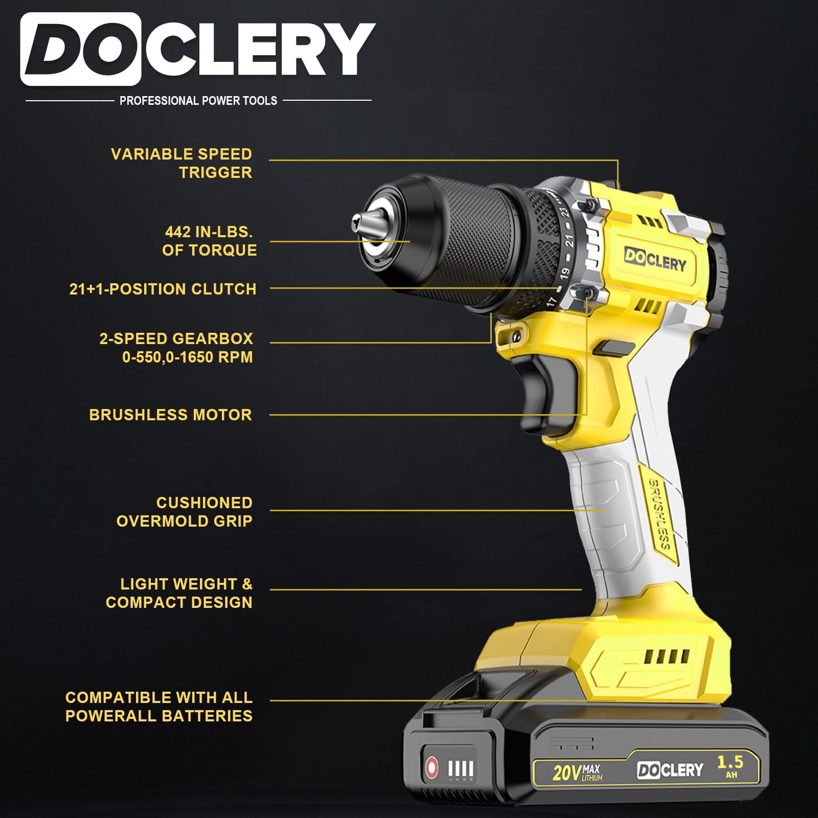DOCLERY 20V Brushless Cordless Drill, Electric Power Drill Set with 1 Battery & Charger, 2 Variable Speed, 442.48 In-lb Torque, 21+1 Position and 34pcs Drill/Driver Bits