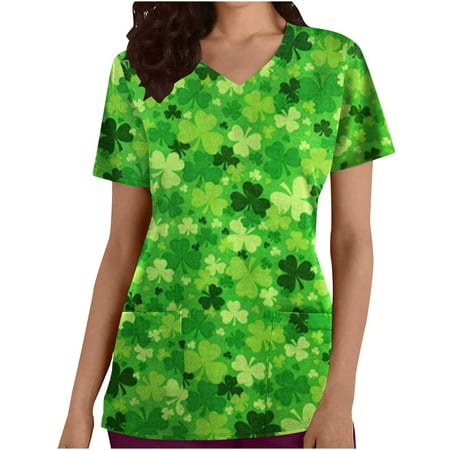 

REORIAFEE St Patricks Day Scrub Tops for Women Shamrock Clover Print Holiday Tee Irish Uniform Shirt Blouse St. Patrick s Day Fashion V-Neck Casual Short Sleeve Pockets Tops Blouse M