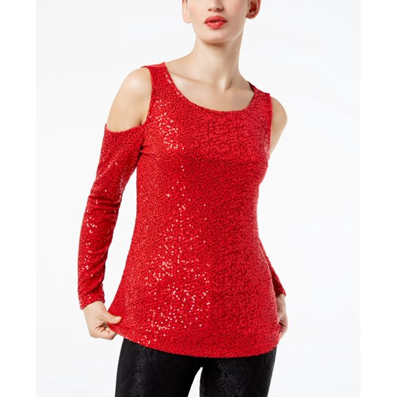 INC International Concepts Petite Sequin Cold Shoulder Top Real Red PS