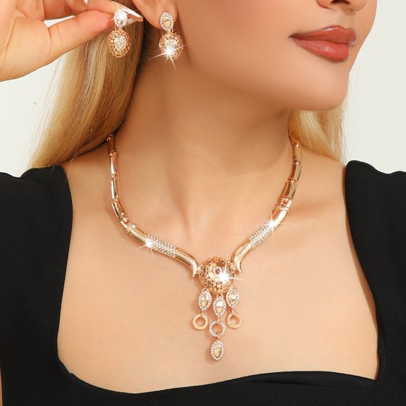 TAZAG fashionable gold zinc alloy inlaid rhinestone tassel earrings necklace women's set of accessories