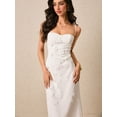 thumbnail image 2 of White Spaghetti Strap Fitted Midi Dress With 3D Floral Appliqué For Wedding Bridal Party Summer Elegant, 2 of 7