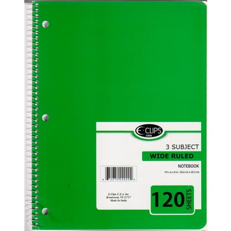 3 Subject Wide Ruled Spiral Notebook - 36 Count, 120 Sheets, 4 Cover Colors - CASE OF 36