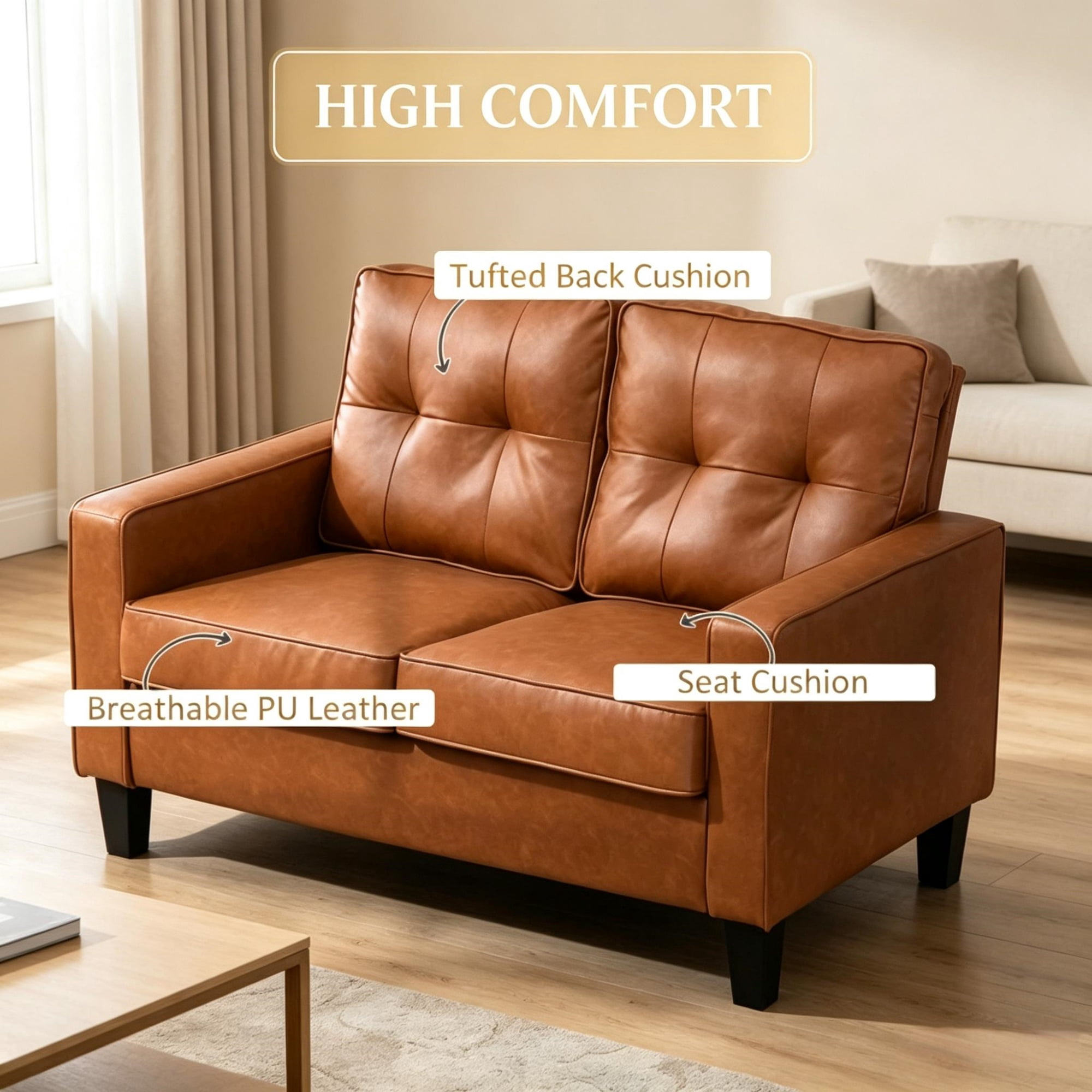 51" Wide Double Sofa, 2-Seater Tufted PU Leather Loveseat with Padded Armrests, Brown