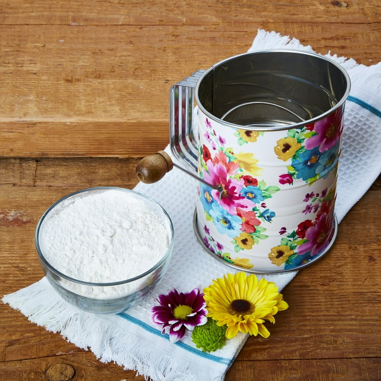 The Pioneer Woman Breezy Blossoms Stainless Steel Handheld Crank Sifter with Acacia Handle
