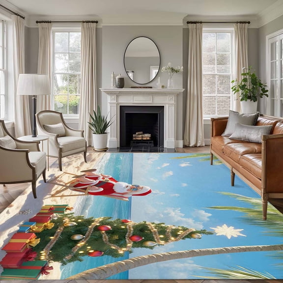 Large Area Rugs for Living Room Bedroom, Coastal Christmas 8'x10' Rug Washable Carpet Runner Indoor Outdoor, Santa Claus Xmas Tree Sandy Beach Non Slip Floor Mats Rug for Kitchen, Patio