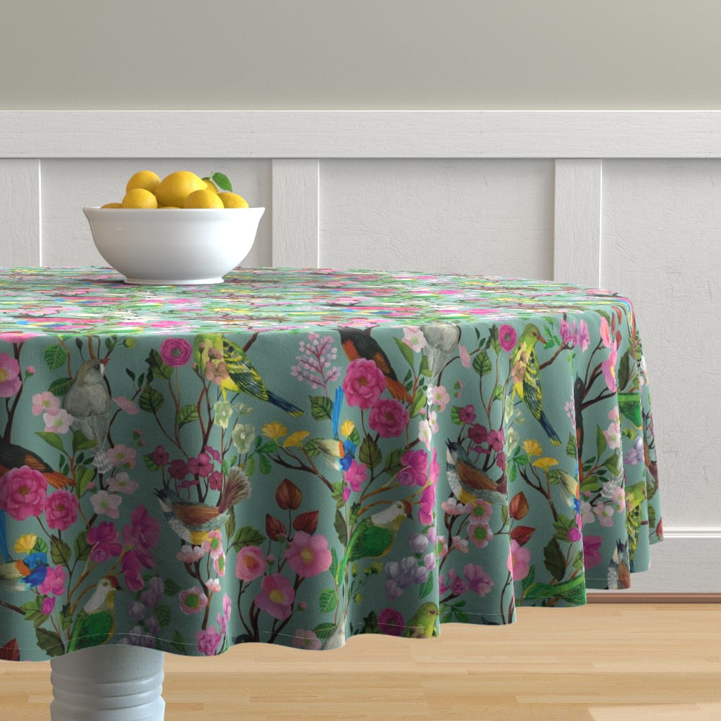 Round Tablecloth Birds Bird Floral Pink Turquoise Australia Cotton