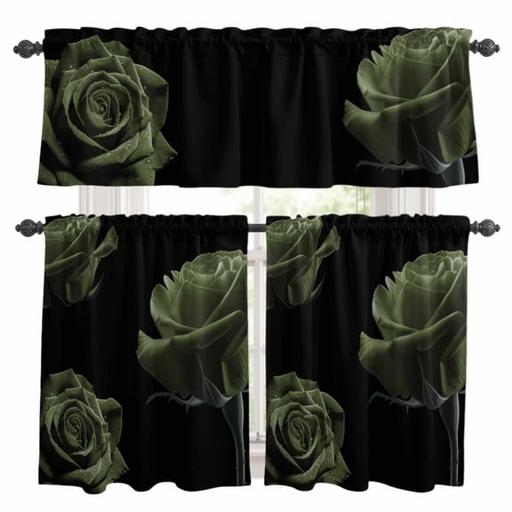 Sage Green Rose Kitchen Curtains Sets for Windows 24 Inch Length, Vintage Abstract Garden Flower Floral Black Rod Pocket Window Treatments Tier Curtains and Valances Set for Bedroom/Bathroom