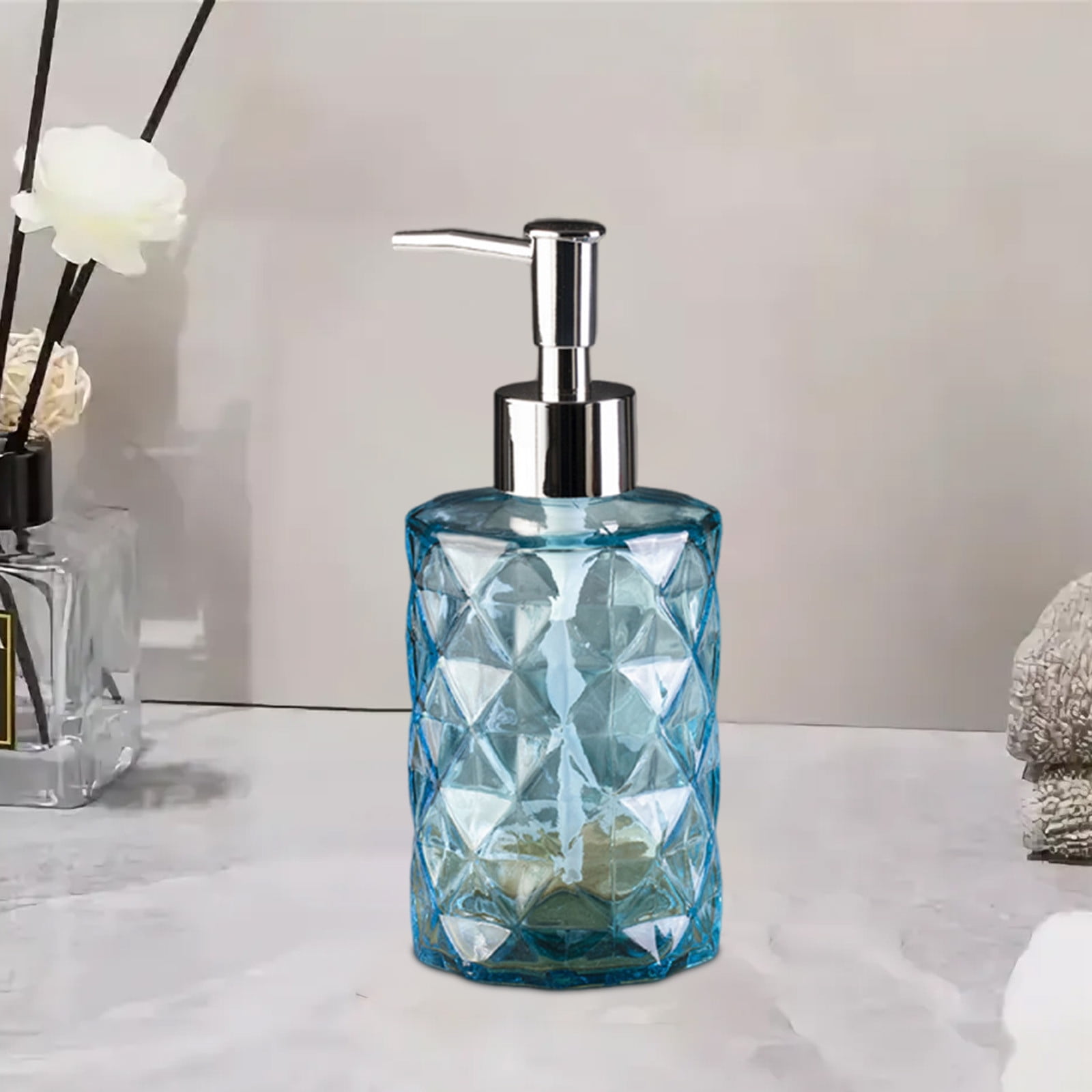 YiJuHui 3pcs Refillable Glass Soap Dispenser Pump Bottle with Diamond Pattern Design for Kitchen and Bathroom Decor