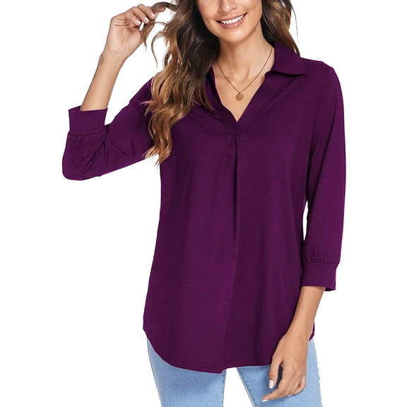 Womens Spring Summer 3/4 Sleeve T Shirts Solid Color V Neck Collared Flowy Work Office Blouses Casual Loose Tunics