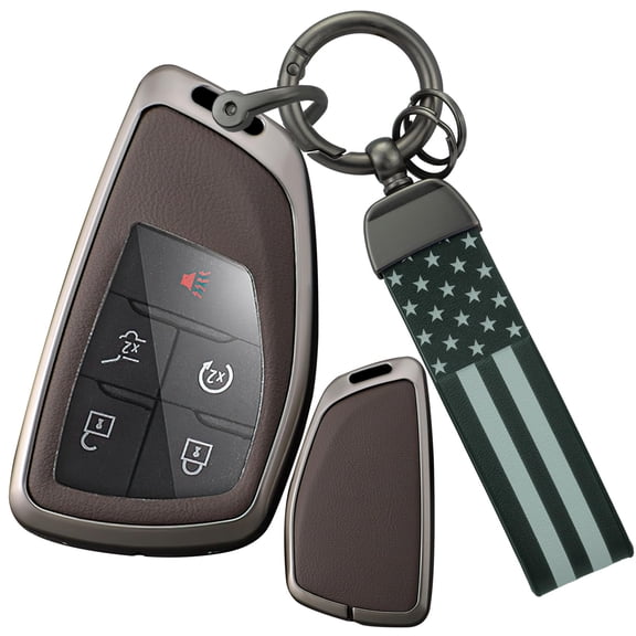 Metal & Leather Key Case Fit for Chevy Silverado Suburban Tahoe 2021-2024 & GMC Yukon XL Denali Sierra, Buick Encore Envision Avenir