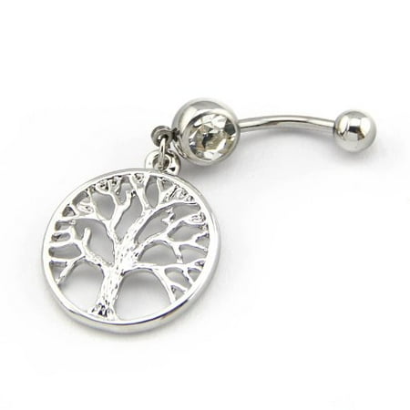 Cat Dangle Belly Button Ring - Generic 316L Surgical Steel 14G Clear Crystal Silver Color Tree of Life Dangle Navel Ring Belly Bar Button