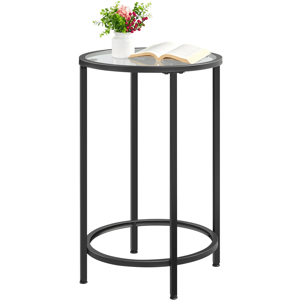 Alden Design Round Metal End Table with Glass Top for Livingroom, Black