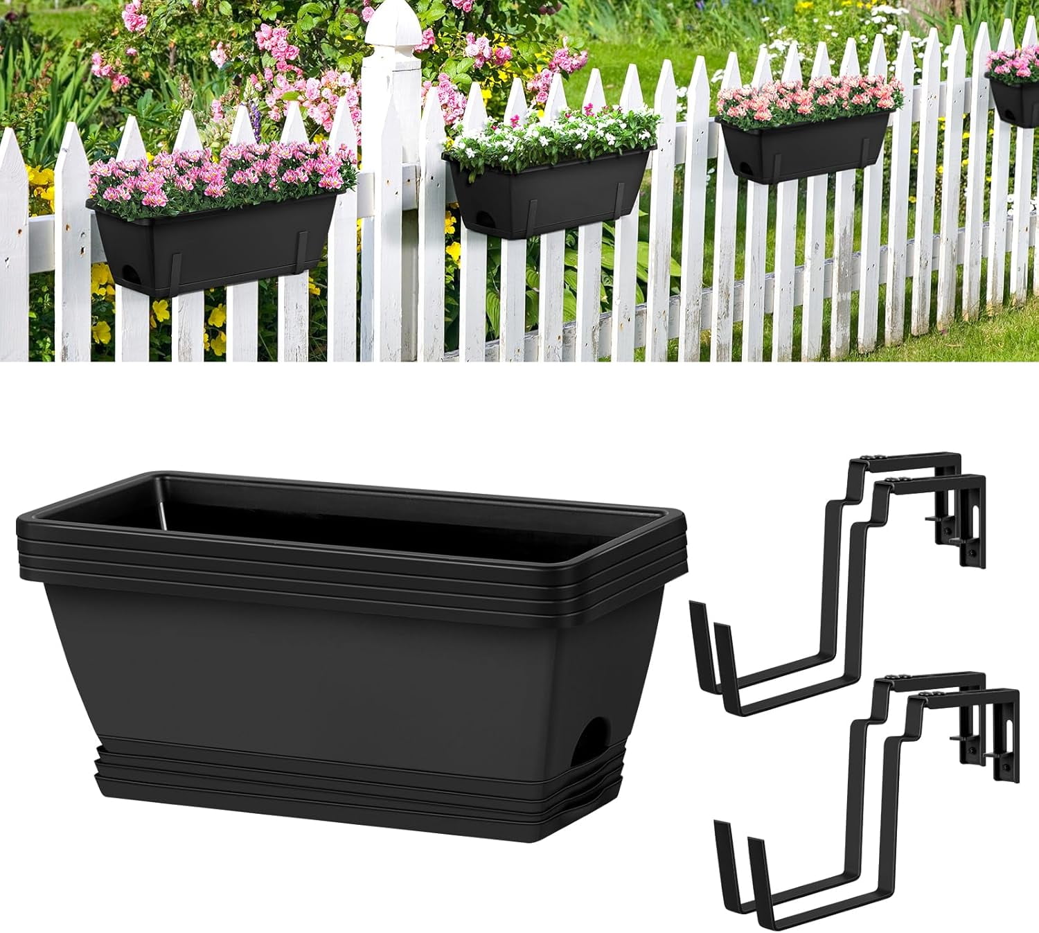 Railing Planter Box 4 Pack Window Boxes Planters with Flower Box Brackets, 17’’ Rectangle Balcony Deck Railing Hanging Planters for Outdoor Fence Garden Patio Plants