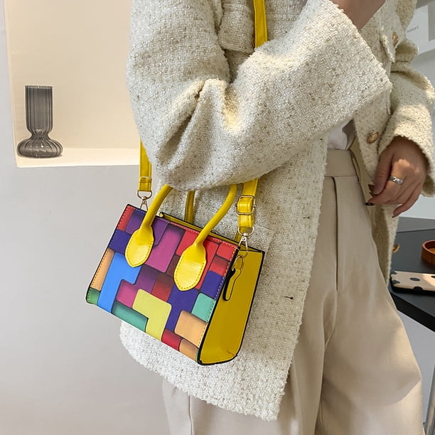 Bolso Bolso de hombro geométrico colorido para mujer Bolso de cuero Tote Satchel (Amarillo)