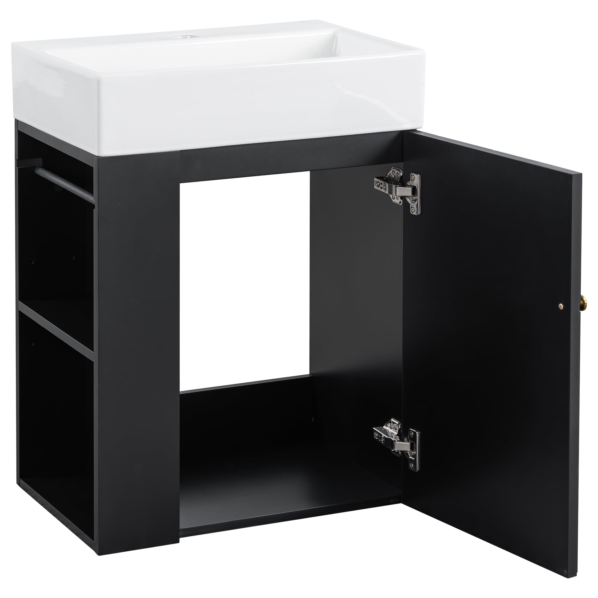 20 Inch Bathroom Vanity with Ceramic Sink, Diamond Pattern Door Design, Gold Handle & Side Storage Shelves – Modern Small Space Cabinet with Towel Bar, MDF Construction