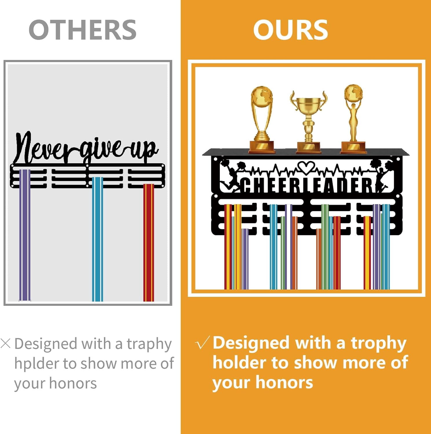 Cheerleader Medal Holder Trophy Shelf Medal Hangers Display with Shelf Stand Small Sports 4 Rows Wall Mount Hold 70+ Medals for Women Soccer Running Swimming Awards Rack 11.4 x 5.1 InchMixed Color