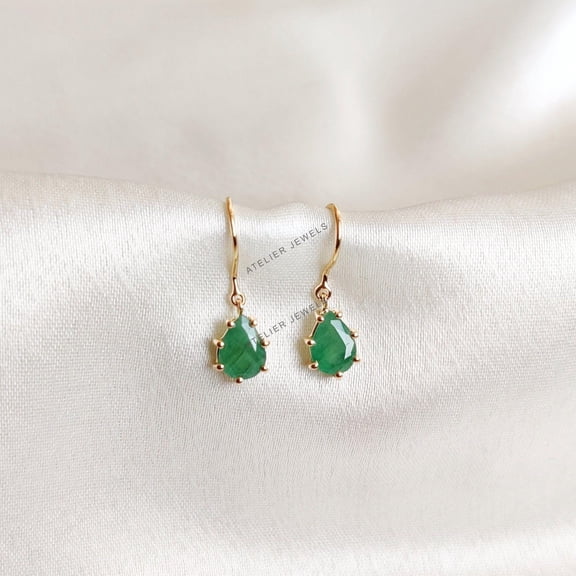 Natural Emerald Drop Earrings, Solid Gold Emerald Earrings, Dainty Pear Cut Emerald Earrings, May Birthstone Earrings, Birthday Present