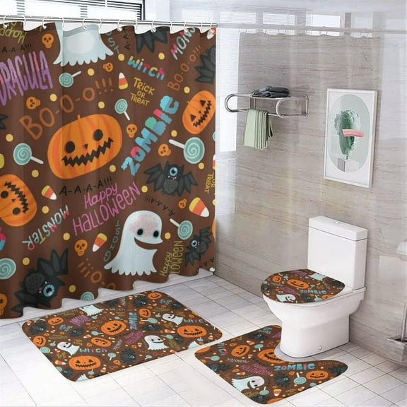 Halloween Bathroom Set of 4 with Non-Slip Rugs, Toilet Lid Cover And Bath Mat, Halloween Party 4Pcs Shower Curtain Sets With Waterproof Bathroom Decor Sets with Curtain And Rugs,12 Hooks,