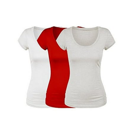Emmalise T-Shirt à Manches Courtes pour Femmes Col Rond Ensemble de Valeur (3Pk Blanc Avoine Rouge Grand)