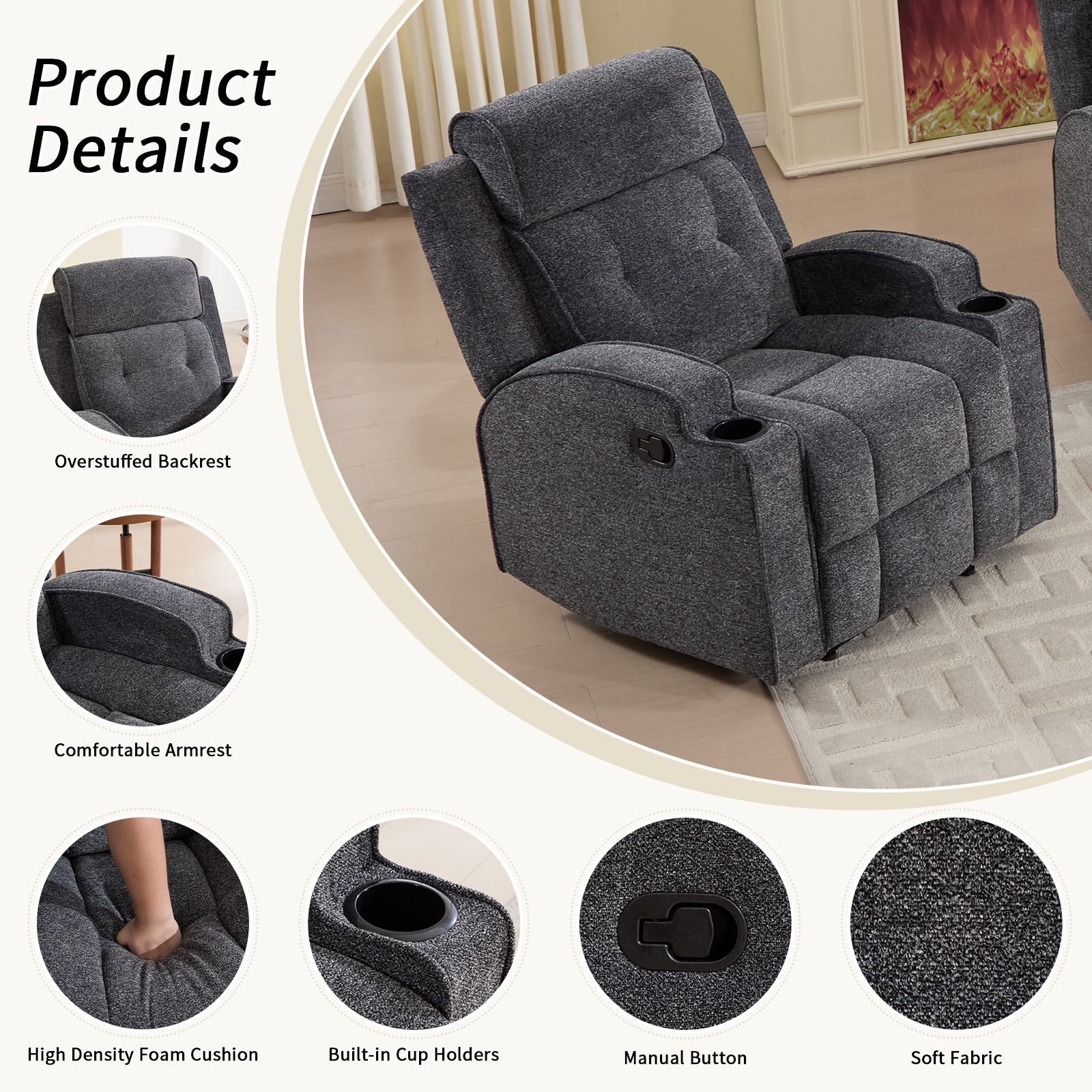 Bonzy Home Fabric Manual Recliner Chair — Modern Single-Seat Recliner with Padded Armrests & Backrest for Living Room & Bedroom