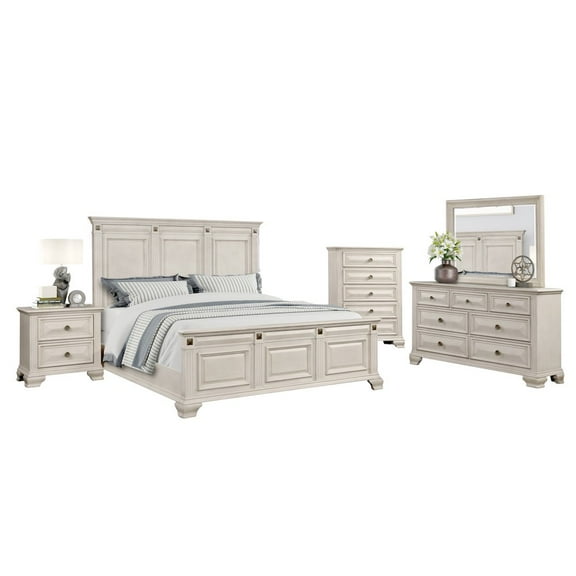 Renova Distressed Parchment Wood Bedroom Set, King Panel Bed, Dresser, Mirror, Nightstand, Chest