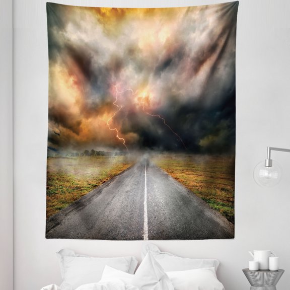 Orange Grey Tapestry, Dusty Storm Clouds and Thunder over Highway in Field Electrical Activity Print, Fabric Wall Hanging Decor for Bedroom Living Room Dorm, 5 Sizes, Orange Grey, by Ambesonne