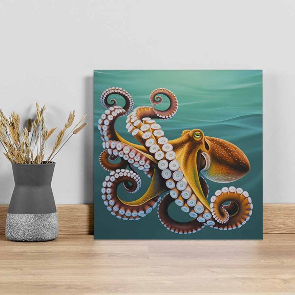 Octopus Coastal Wall Art Painting on Canvas, Brown Teal Nautical Summer Ocean Canvas Art Home Prints Wall Art Framed Modern Artwork for Living Room Bedroom Wall Decor 12x12in