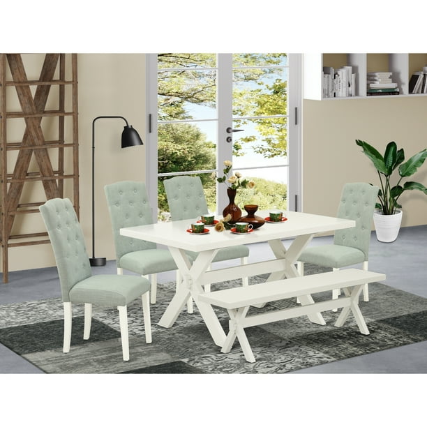 East West Furniture 6 Piece Baby Blue Linen Fabric Seat And On Tufted Chair Back Kitchen Chairs A Rectangular Bench Top Modern Dining Table With Hardwood Legs White On Tufted Chair Back Kitchen Chairs, Dining Table With Tufted Chairs And Bench