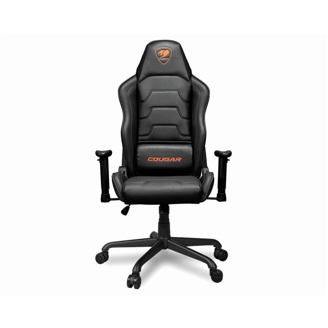 Cougar Armor Air Dual High-Back Gaming Chair in black with ergonomic support, breathable mesh and PVC leather dual backrest, adjustable 2D armrests, reclining backrest up to 160°, tilt mechanism, and embroidered Cougar logo on headrest and lumbar pillow, suitable for gaming and home office use.
