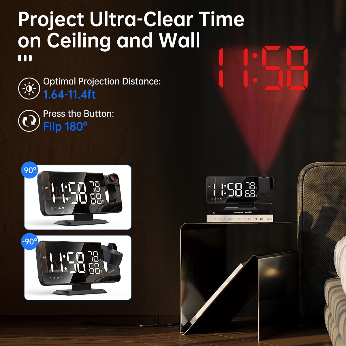 Deofde Réveil avec projection Projecteur Digital Grand Noir