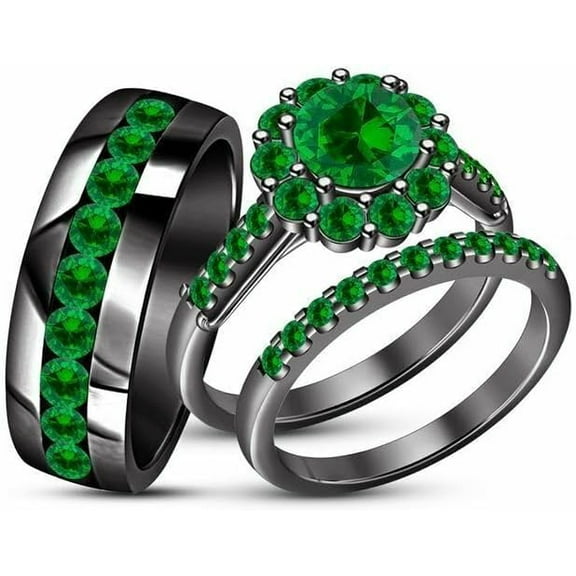 beryl_creation 1.55 Ct Round Cut Green Emerald Wedding Engagement Trio Ring Set 14K Black Gold Plated 925 Sterling Silver For Unisex -4.5