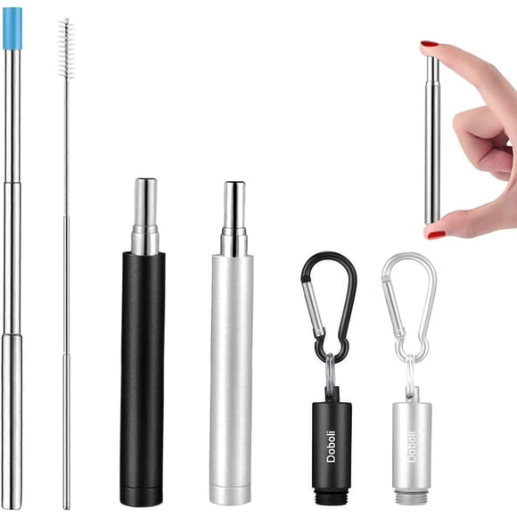 2 Pack Reusable Metal Straws Collapsible Stainless Steel Drinking Straw Travel Portable Telescopic Straw with Case,2 Cleaning Brushes Included Black/Silver