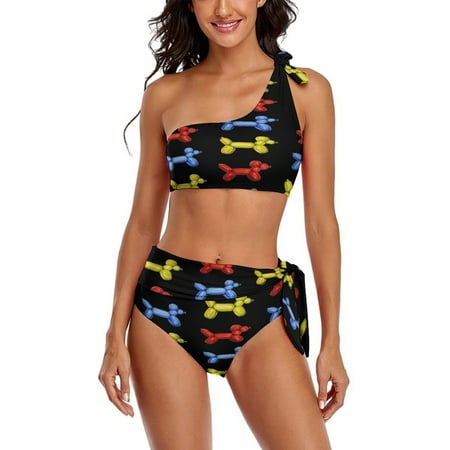 Red Yellow Blue Balloon Dogs  Black Background One Shoulder Bowknot Swimsuit Two Piece Swimsuit Knot Crop Top Bikini High Waisted Bathing Suit