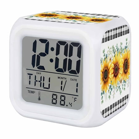 Alarm Clocks Sunflower Digital Clock 7 Color LED Night Light Silent Non Ticking Battery Operated