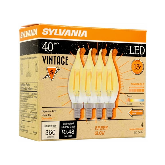 SYLVANIA LED Vintage Light Bulb, B10, 4W, Dimmable, 2175K, Amber Glow, 4 Pack