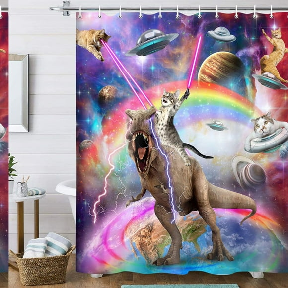 Galactic Cat Adventure Shower Curtain - Fun Kids Bathroom Decor with Cool Cat Riding Dinosaur in Outer Space, 70x70, Includes 12 Hooks