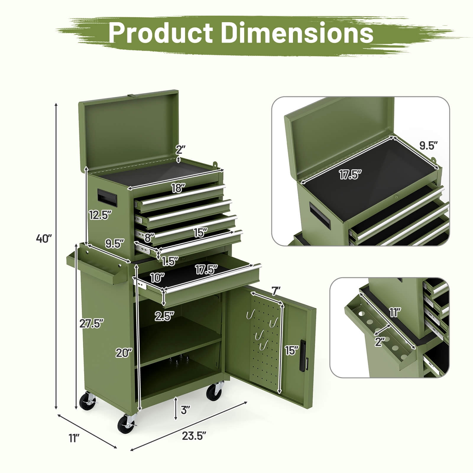 Costway 2 in 1 Tool Chest & Cabinet with Sliding Drawers Rolling Garage Organizer Green