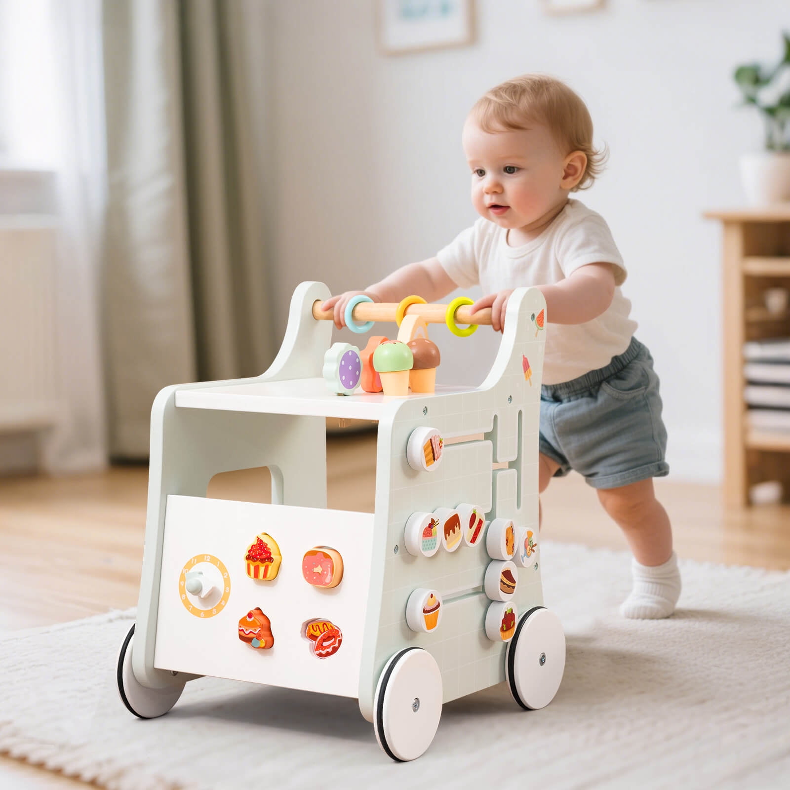 Infans Wooden Baby Walker Ice Cream Cart Toy with Sweet Accessories & Smooth Wheels