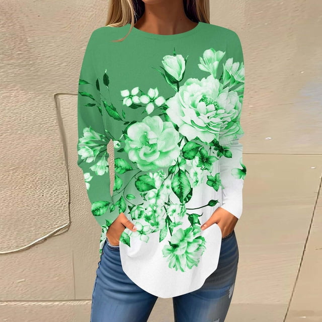 DPTALR Blouses d'Automne à Col Rond Imprimé pour Femmes Manches Longues Smockées