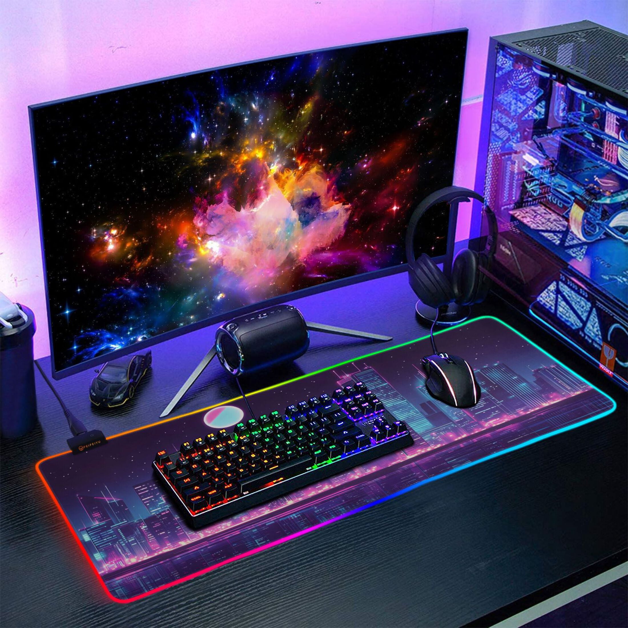 Large RGB Gaming Mouse Pad Led Glowing Mousepad Non-Slip Rubber Base 13 Light Modes 35.4x15.7 Cyberpunk City at Night