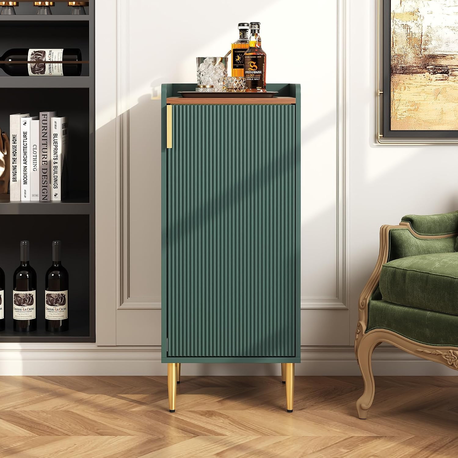 Mini Bar Cabinet for Apartment Fluted Wine Bar Cart with Wine Racks & Wine Glass Holder Modern Corner Liquor Cabinet for Living Room Dining Room Kitchenn(Green)