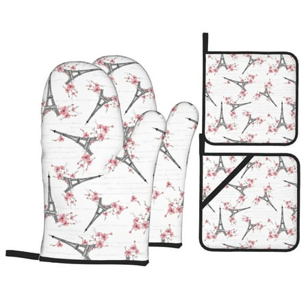

Oven Mitts and Pot Holders 4 pcs Set flower Tower Heat Resistant Pot Holders Oven Mitts for kitchen Non-Slip Hanging Loop Oven Glove Potholders for Baking Cooking