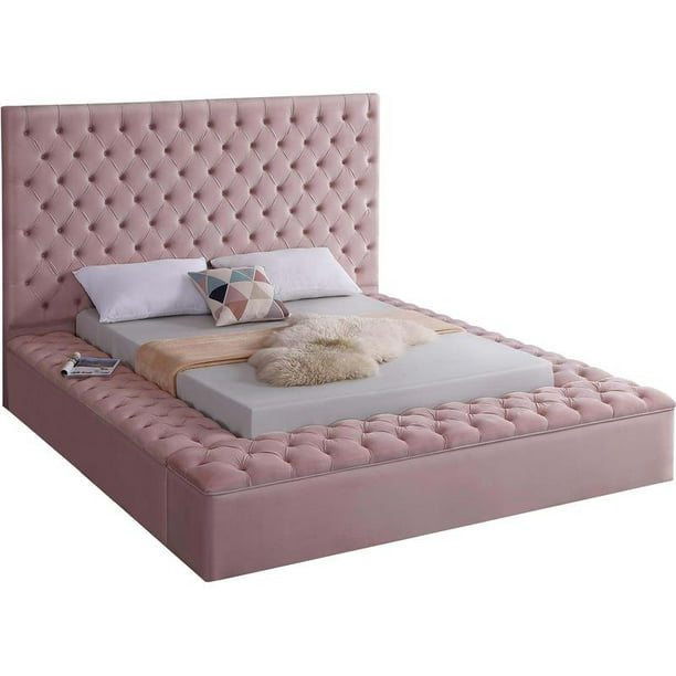 Solid Wood Tufted Velvet King Bed, Pink King Size Bed