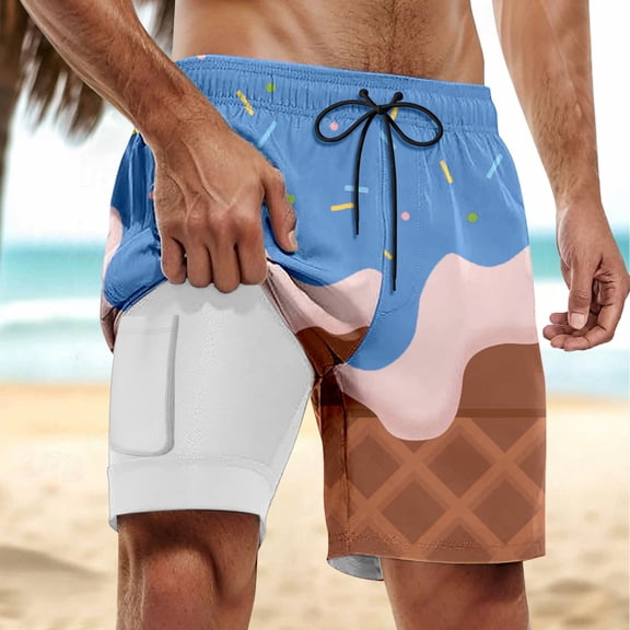 CONZONE Men'S Swim Trunks With Stretch Liner Ice Cream Graphic Board Shorts for Men Elastic Waist Drawstring Lightweight Quick Dry Summer Beach Swim Shorts With Pocket