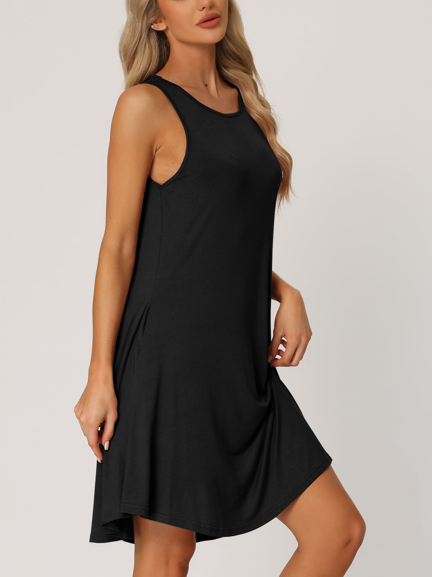 DARING DIVA Women's Sleeveless Tank Dress Basic Nightgown with Pockets L Black